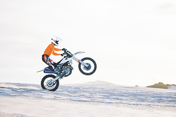 Image showing Motorbike, person and sports with training, challenge and with safety, travelling and workout with fitness. Athlete, sand and biker with mockup, practice and cycling with exercise, summer and energy