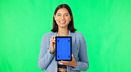 Image showing Green screen portrait, business tablet and happy woman presentation of logo design, web promo or corporate brand. Tracking markers, mockup space or person show company media info on studio background