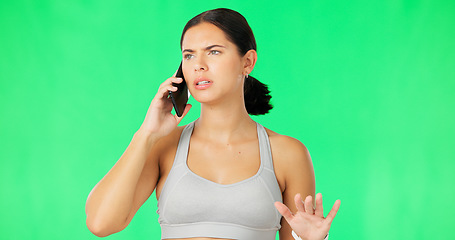 Image showing Fitness, phone call and green screen woman with problem, frustrated and stress over gym crisis, membership mistake or fail. Cellphone, workout risk and angry athlete consulting on studio background