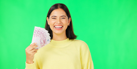 Image showing Money winner, portrait or happy woman on green screen with lottery jackpot, competition giveaway. Goal, success or excited rich female person with Euros or gambling cash prize on studio background