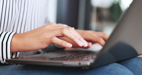 Image showing Person, hands and typing on laptop in office, report and proposal or email, research and review on agenda. Business employee, project and analysis of information on technology, digital or pc closeup
