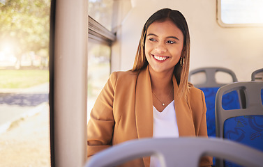 Image showing Young, woman and commute to work by bus, public transportation and city with traffic. Employee, alone and smile in happiness on face for career, occupation and traveling with service, metro or auto