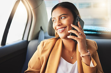 Image showing Woman, phone and call on commute in car for business meeting, work or travel. Passenger, person or manager in taxi for transport, drive and alone with technology for telecom, schedule or calendar
