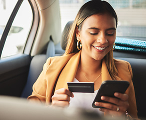 Image showing Travel, businesswoman and credit card with payment in car while commute to work, meeting or event. Person, entrepreneur and happy with for e commerce, banking or fintech with app, phone and online