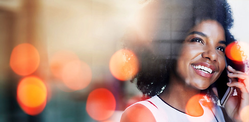 Image showing Phone call, happy and business woman with bokeh in office for discussion on b2b deal, agreement or merge. Technology, smile and African female hr on mobile conversation with cellphone in workplace.