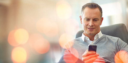 Image showing Business, man and banner with a smartphone, typing or connection with internet, website information or investment. Person, employee or consultant with cellphone, bokeh or email notification with idea