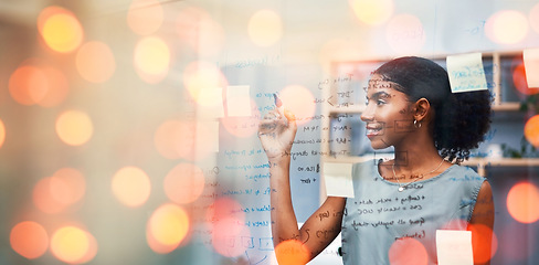 Image showing Black woman, writing on glass board and banner for planning or brainstorming ideas, sticky note and project agenda. Schedule, strategy and innovation in office, bokeh and mockup space with goals