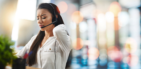 Image showing Tired woman, call center and neck pain in customer service, support or telemarketing on bokeh background at office. Frustrated female person, consultant or agent for injury, ache or stress and banner