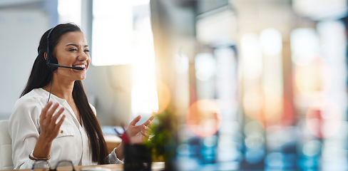 Image showing Call center, customer service and woman in office with bokeh for crm telemarketing consultation. Mockup space, contact us and professional female technical support agent with headset in workplace.