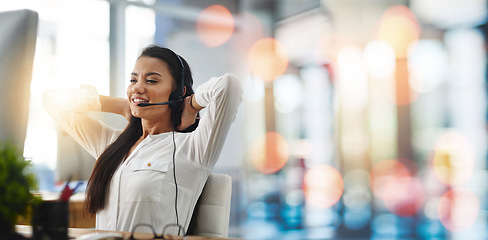 Image showing Happy woman, call center and relax on break in customer service, support or telemarketing on bokeh background. Calm female person, consultant or agent with hands behind head for online advice or help