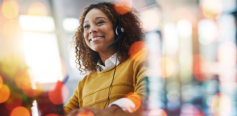 Image showing Happy woman, call center and customer service on bokeh background for telemarketing or online advice at office. Female person, consultant or agent smile for virtual assistance, help or support