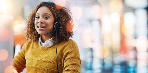 Image showing Happy woman, call center and headphones on bokeh background in customer service or telemarketing at office. Female person, consultant or agent smile for online advice, help or virtual assistance