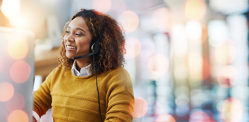 Image showing Business woman, call center and office communication, customer support or advice for website FAQ on computer. Professional african consultant speaking for information or virtual chat in bokeh mockup