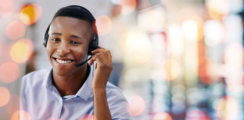 Image showing Telemarketing, customer service and man in office with bokeh for crm call center consultation. Mockup space, contact us and professional African male technical support agent with headset in workplace