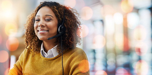 Image showing Call center, business woman and happy from web support conversation with crm and telemarketing work in office. Mockup space, discussion and customer service with contact us help and communication