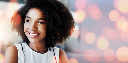 Image showing Bokeh, thinking and woman with a smile, business and opportunity with planning, solution and problem solving. Person, happy worker and consultant with overlay, brainstorming and decision with choice