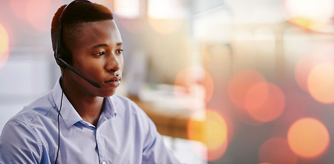 Image showing Telemarketing, customer care and man in office with bokeh for crm telemarketing consultation. Mockup space, contact us and professional African male technical support agent with headset in workplace.