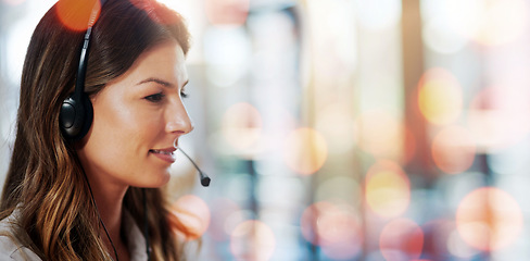 Image showing Call center, customer support and woman in office with bokeh for crm telemarketing consultation. Mockup space, contact us and professional female technical service agent from Australia in workplace.