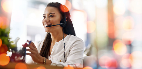 Image showing Call center, consultation and woman in office with bokeh for online crm telemarketing discussion. Mockup space, contact us and professional female technical support agent with headset in workplace.