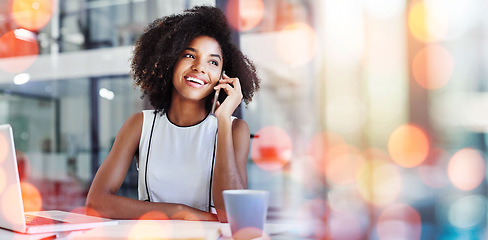 Image showing Phone call, bokeh and business woman in office in discussion for b2b deal, agreement or merge. Technology, smile and professional African female hr on mobile conversation with cellphone in workplace.