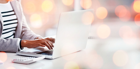 Image showing Laptop, working and business woman by bokeh with document for accounting budget research project. Technology, calculator and closeup of professional female accountant typing on computer in workplace.