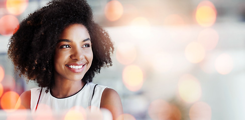 Image showing Bokeh, thinking and woman with ideas, entrepreneur and opportunity with brainstorming, decision and problem solving. Person, worker and consultant with overlay, planning and choice with productivity