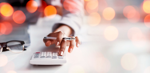 Image showing Business hands, calculator and planning of finance, accounting and check profit, sales or revenue in office bokeh. Accountant or woman for bookkeeping numbers, math and taxes or debt on banner mockup