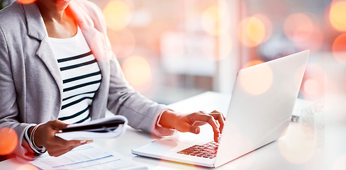 Image showing Laptop, bokeh and business woman typing with document for accounting budget research project. Technology, notebook and closeup of professional female accountant working on computer in workplace.