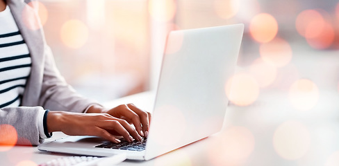 Image showing Laptop, bokeh and business woman doing research with document working on accounting budget project. Technology, notebook and closeup of professional female accountant typing on computer in workplace.