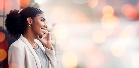 Image showing Phone call, bokeh and business woman in the city for discussion on b2b deal, agreement or merge. Technology, smile and professional African female hr on mobile conversation with cellphone in town.