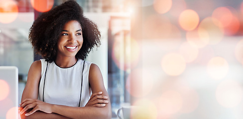 Image showing Banner, thinking and woman with arms crossed, business and opportunity with planning, brainstorming and problem solving. Person, worker and consultant with overlay, startup and decision with choice