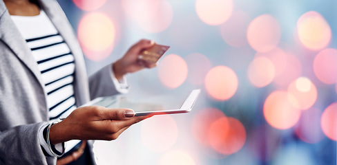 Image showing Woman, hands and tablet with credit card for online banking, payment or ecommerce on bokeh background. Closeup of female person with debit, technology and bank app for transaction, purchase or buying