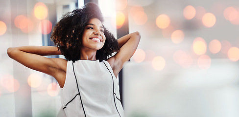 Image showing Business, woman and stretching in office for relax, creative idea and mindset with bokeh or smile. Professional, employee or thinking of work ideas, inspiration and planning with insight or happiness