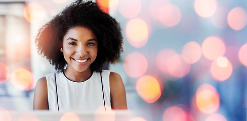 Image showing Bokeh, mockup and portrait of woman in office with smile, confidence and administration at startup business. Face, pride and businesswoman at desk with recruitment at digital agency, space and lights