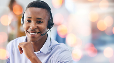 Image showing Customer service, portrait and man in office with bokeh for crm telemarketing consultation. Mockup space, contact us and professional young African male call center agent with headset in workplace.