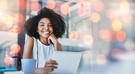Image showing Portrait, bokeh and woman with a tablet, business and connection with research, data analytics and search internet. Happy person, employee or consultant with technology, worker or website information