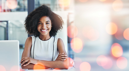 Image showing Business woman, portrait and arms crossed for office planning, Human Resources management and career mindset. Happy professional worker, african person or HR employee with bokeh and mockup or space