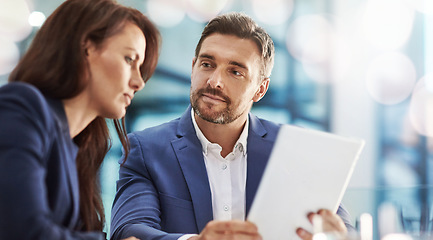 Image showing Banner, business people and manager with employee, tablet and accountant with investment, internet and planning. Staff, man or woman with technology, trading and stock market with connection or email