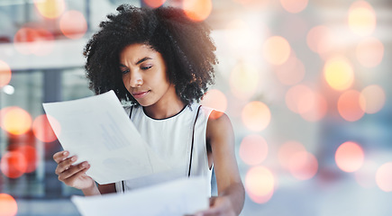 Image showing Business woman, documents and confused or reading financial report of budget, accounting or payroll information. African worker or accountant with invoice paperwork or debt in bokeh overlay or mockup