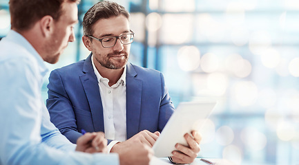 Image showing Investment, business people and manager with employee, tablet and accountant with internet, cooperation and planning. Staff, men with technology, trading and stock market with teamwork and connection