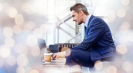 Image showing Businessman, laptop and typing email, networking and planning for corporate, research and coffee in office with bokeh. Professional, employee and person with pc for technology or communication at job
