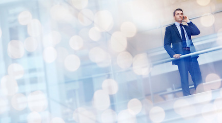 Image showing Bokeh, phone call and business man talking in office, communication and mobile conversation. Smartphone, chat and serious lawyer listening to discussion, news and information in lobby of workplace