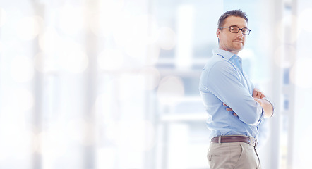 Image showing Pride, mockup and businessman in office with arms crossed, bokeh and information for startup business. Smile, confidence and happy man in management at digital agency with space for entrepreneurship.