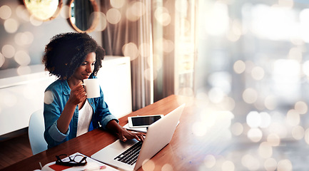 Image showing Laptop, coffee shop and a freelance black woman on double exposure for remote work as a journalist. Creative, design and space with a young editor entrepreneur typing an article in an internet cafe