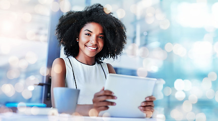 Image showing Portrait, banner and woman with a tablet, employee and connection with research, bokeh and website information. Happy person, worker or consultant with technology, entrepreneur and email notification