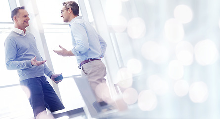 Image showing Business men, discussion or meeting with banner, bokeh and mockup, corporate communication and chat. Conversation, advice and friends in the workplace with employees talking in professional space