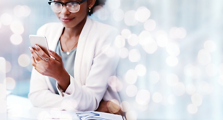 Image showing Bokeh, mockup and woman in office with phone, scroll and online research for startup business info. Thinking, ideas and businesswoman at desk with smartphone, website and app at digital agency space.