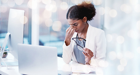 Image showing Frustrated business woman, laptop and headache in mistake, stress or anxiety on bokeh background at office. Female person or employee with pain, strain or overworked pressure in burnout at workplace