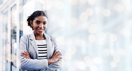 Image showing Black woman, arms crossed and portrait with a smile from business consultant work with mockup space. Confidence, female entrepreneur and professional from New York happy from startup by window bokeh