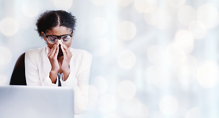 Image showing Business woman, vision fail or headache with burnout, laptop for research with banner and mockup space. Bokeh, African consultant with migraine and stress at workplace, pain or sick with health issue